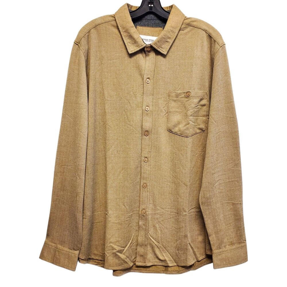 THOMAS STERLING Shirt Mens XL Beige Herringbone Button Up Chest Pocket Preppy
